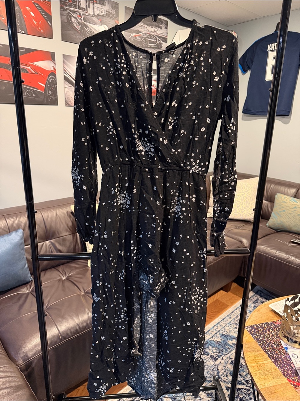 art class Black Floral Wrap Dress with White Dot Print